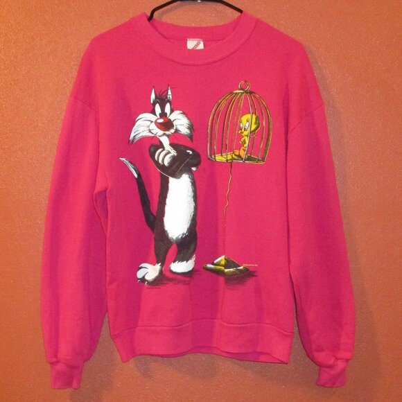 Looney Tunes Tweety Sylvester Cat Vintage 93 Woman Large Pink Black Sweatshirt - Picture 1 of 9